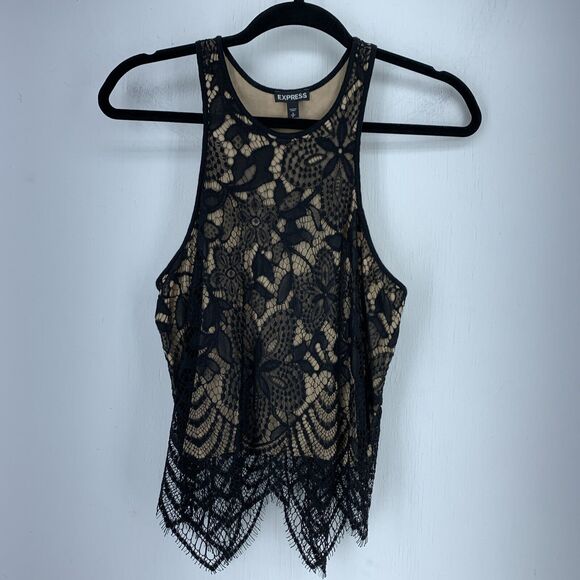 Express Womens Small Tank Cami Top Whimsy Goth Floral Lace Boho Festival Black - Picture 1 of 7
